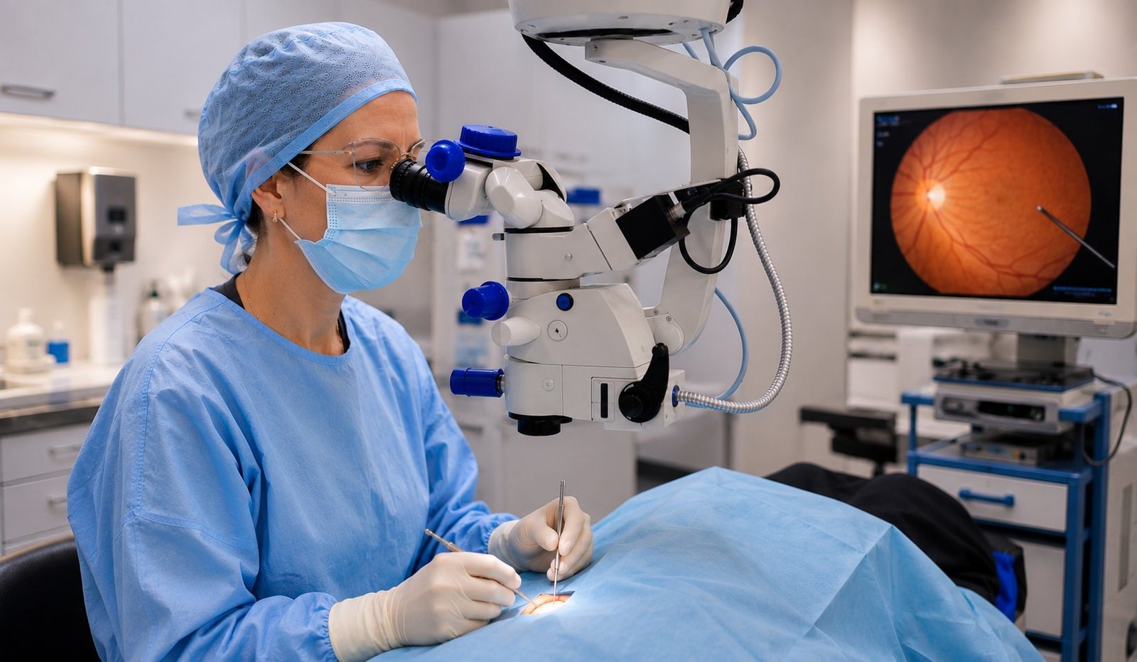 Dra. Christine Lanssoni Zucatti em cirurgia vitreorretiniana — microscópio cirúrgico